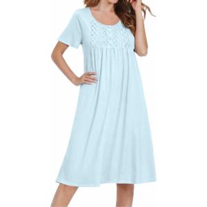 image:imageEkouaer Cotton Nightgowns for Women Short Sleeve House Dress Pleated Night Gown Button Sleep Shirt Ladies NightdressBaby Blue