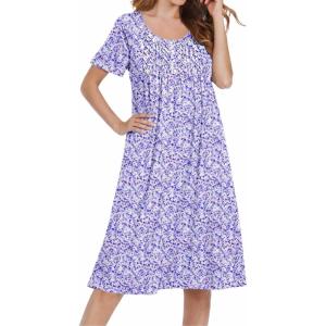 image:imageEkouaer Cotton Nightgowns for Women Short Sleeve House Dress Pleated Night Gown Button Sleep Shirt Ladies NightdressFloral Purple
