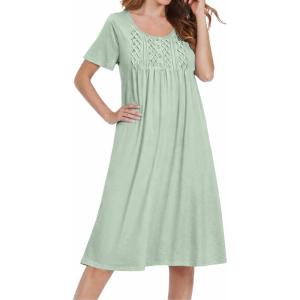 image:imageEkouaer Cotton Nightgowns for Women Short Sleeve House Dress Pleated Night Gown Button Sleep Shirt Ladies NightdressLight Green