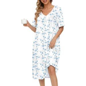 image:imageEkouaer Cotton Nightgowns for Women Short Sleeve Night Gown V Neck Button Sleep Shirt Soft House DressWhite Blue Floral