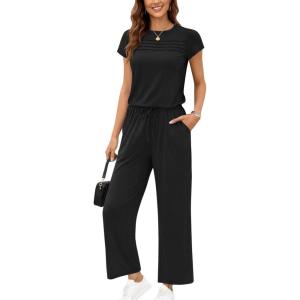 image:imageEkouaer Jumpsuits for Women 2026 Summer Casual Round Neck Pleated Front Womens Rompers With Pockets Vacation OutfitsBlack