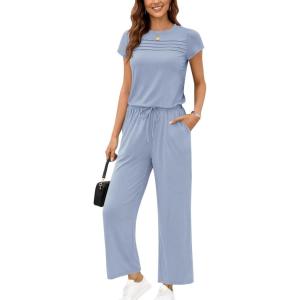 image:imageEkouaer Jumpsuits for Women 2026 Summer Casual Round Neck Pleated Front Womens Rompers With Pockets Vacation OutfitsBlue