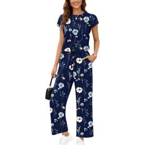 image:imageEkouaer Jumpsuits for Women 2026 Summer Casual Round Neck Pleated Front Womens Rompers With Pockets Vacation OutfitsBlue Floral