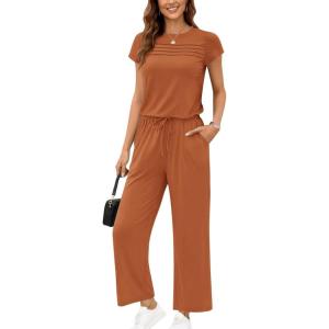 image:imageEkouaer Jumpsuits for Women 2026 Summer Casual Round Neck Pleated Front Womens Rompers With Pockets Vacation OutfitsCamel