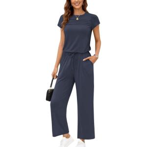 image:imageEkouaer Jumpsuits for Women 2026 Summer Casual Round Neck Pleated Front Womens Rompers With Pockets Vacation OutfitsDark Blue
