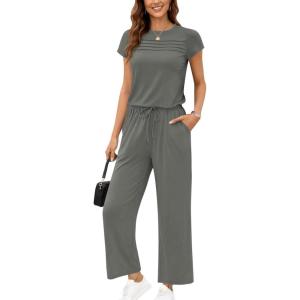 image:imageEkouaer Jumpsuits for Women 2026 Summer Casual Round Neck Pleated Front Womens Rompers With Pockets Vacation OutfitsDark Gray