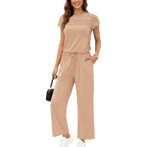 image:imageEkouaer Jumpsuits for Women 2026 Summer Casual Round Neck Pleated Front Womens Rompers With Pockets Vacation OutfitsKhaki
