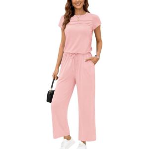 image:imageEkouaer Jumpsuits for Women 2026 Summer Casual Round Neck Pleated Front Womens Rompers With Pockets Vacation OutfitsLight Pink