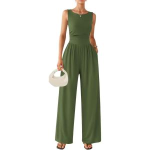 image:imageEkouaer Jumpsuits for Women One Piece Jumpsuit Wide Leg Sleeveless Crewneck Casual Womens Romper Jumpers With Pockets 2026Army Green