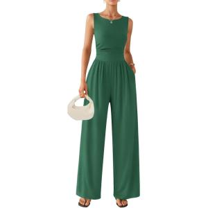 image:imageEkouaer Jumpsuits for Women One Piece Jumpsuit Wide Leg Sleeveless Crewneck Casual Womens Romper Jumpers With Pockets 2026Green