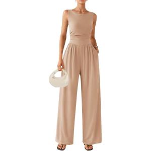 image:imageEkouaer Jumpsuits for Women One Piece Jumpsuit Wide Leg Sleeveless Crewneck Casual Womens Romper Jumpers With Pockets 2026Khaki