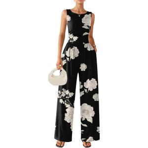 image:imageEkouaer Jumpsuits for Women One Piece Jumpsuit Wide Leg Sleeveless Crewneck Casual Womens Romper Jumpers With Pockets 2026White Floral Black