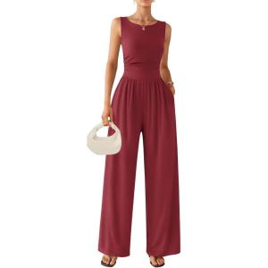 image:imageEkouaer Jumpsuits for Women One Piece Jumpsuit Wide Leg Sleeveless Crewneck Casual Womens Romper Jumpers With Pockets 2026Wine Red