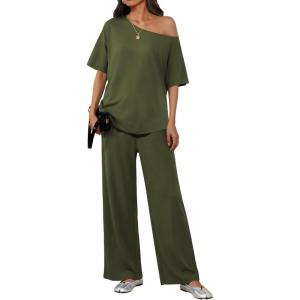 image:imageEkouaer Lounge Sets for Women Off Shoulder Short Sleeve Tops and Long Pants 2 Piece Set Summer Soft Matching OutfitArmy Green