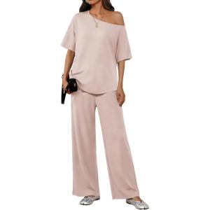 image:imageEkouaer Lounge Sets for Women Off Shoulder Short Sleeve Tops and Long Pants 2 Piece Set Summer Soft Matching OutfitBeige