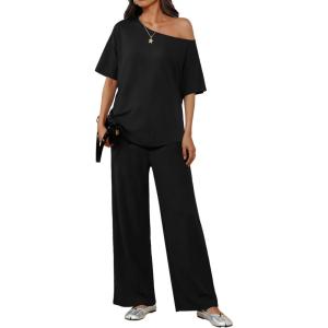 image:imageEkouaer Lounge Sets for Women Off Shoulder Short Sleeve Tops and Long Pants 2 Piece Set Summer Soft Matching OutfitBlack