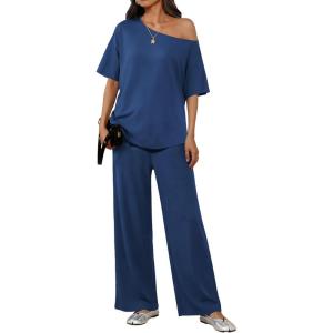 image:imageEkouaer Lounge Sets for Women Off Shoulder Short Sleeve Tops and Long Pants 2 Piece Set Summer Soft Matching OutfitBlue