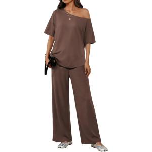 image:imageEkouaer Lounge Sets for Women Off Shoulder Short Sleeve Tops and Long Pants 2 Piece Set Summer Soft Matching OutfitBrown