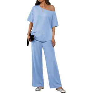image:imageEkouaer Lounge Sets for Women Off Shoulder Short Sleeve Tops and Long Pants 2 Piece Set Summer Soft Matching OutfitClear Blue