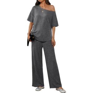 image:imageEkouaer Lounge Sets for Women Off Shoulder Short Sleeve Tops and Long Pants 2 Piece Set Summer Soft Matching OutfitDark Gray