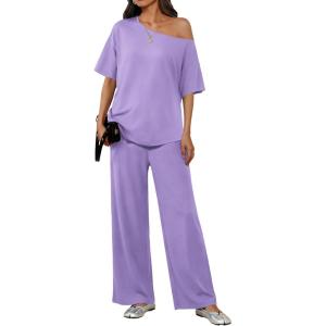 image:imageEkouaer Lounge Sets for Women Off Shoulder Short Sleeve Tops and Long Pants 2 Piece Set Summer Soft Matching OutfitLilac