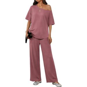image:imageEkouaer Lounge Sets for Women Off Shoulder Short Sleeve Tops and Long Pants 2 Piece Set Summer Soft Matching OutfitOld Rose