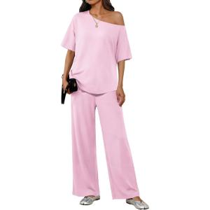 image:imageEkouaer Lounge Sets for Women Off Shoulder Short Sleeve Tops and Long Pants 2 Piece Set Summer Soft Matching OutfitPink