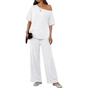 image:imageEkouaer Lounge Sets for Women Off Shoulder Short Sleeve Tops and Long Pants 2 Piece Set Summer Soft Matching OutfitWhite