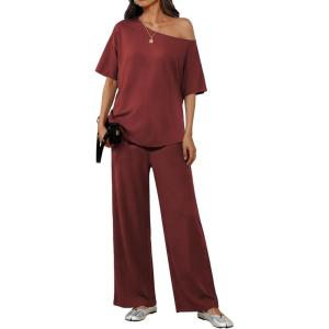 image:imageEkouaer Lounge Sets for Women Off Shoulder Short Sleeve Tops and Long Pants 2 Piece Set Summer Soft Matching OutfitWine Red