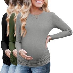 image:imageEkouaer Maternity Long Sleeve Shirt 3Packs Round Neck Pregnancy Tops Casual Tee Top ShirtsBlackArmy GreenDgrey Textile