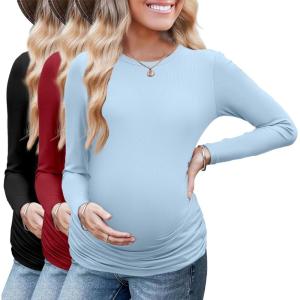 image:imageEkouaer Maternity Long Sleeve Shirt 3Packs Round Neck Pregnancy Tops Casual Tee Top ShirtsBlackDark RedWine Red