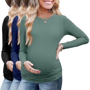 image:imageEkouaer Maternity Long Sleeve Shirt 3Packs Round Neck Pregnancy Tops Casual Tee Top ShirtsBlackNavyGrassgray Green