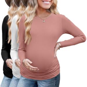 image:imageEkouaer Maternity Long Sleeve Shirt 3Packs Round Neck Pregnancy Tops Casual Tee Top ShirtsBlackWhiteCoupled Pink