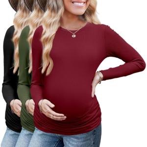 image:imageEkouaer Maternity Long Sleeve Shirt 3Packs Round Neck Pregnancy Tops Casual Tee Top ShirtsBlackWine RedArmy Green