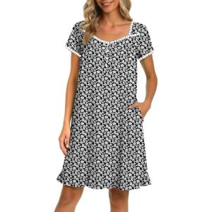image:imageEkouaer Nightgowns for Women Lace Trim Sleep Shirts Short Sleeve Night Shirts With Pockets Night Gown Ruffled Sleep DressBlack Floral