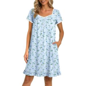 image:imageEkouaer Nightgowns for Women Lace Trim Sleep Shirts Short Sleeve Night Shirts With Pockets Night Gown Ruffled Sleep DressBlue Floral