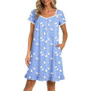 image:imageEkouaer Nightgowns for Women Lace Trim Sleep Shirts Short Sleeve Night Shirts With Pockets Night Gown Ruffled Sleep DressBlue Pigeon