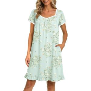 image:imageEkouaer Nightgowns for Women Lace Trim Sleep Shirts Short Sleeve Night Shirts With Pockets Night Gown Ruffled Sleep DressGreen Flowers