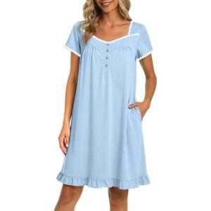 image:imageEkouaer Nightgowns for Women Lace Trim Sleep Shirts Short Sleeve Night Shirts With Pockets Night Gown Ruffled Sleep DressLight Blue