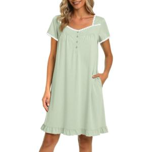 image:imageEkouaer Nightgowns for Women Lace Trim Sleep Shirts Short Sleeve Night Shirts With Pockets Night Gown Ruffled Sleep DressLight Green