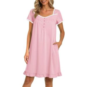 image:imageEkouaer Nightgowns for Women Lace Trim Sleep Shirts Short Sleeve Night Shirts With Pockets Night Gown Ruffled Sleep DressPink