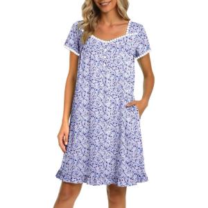 image:imageEkouaer Nightgowns for Women Lace Trim Sleep Shirts Short Sleeve Night Shirts With Pockets Night Gown Ruffled Sleep DressPurple Flowers