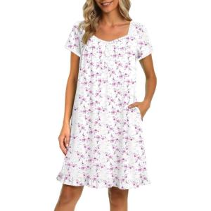 image:imageEkouaer Nightgowns for Women Lace Trim Sleep Shirts Short Sleeve Night Shirts With Pockets Night Gown Ruffled Sleep DressWhite Flowers