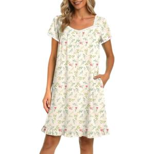 image:imageEkouaer Nightgowns for Women Lace Trim Sleep Shirts Short Sleeve Night Shirts With Pockets Night Gown Ruffled Sleep DressYellow Flowers