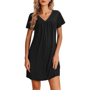 image:imageEkouaer Nightgowns for Women V Neck Sleepshirt Short Sleeve Nightdress Lace Trim Night Gown House Dress with PocketsBlack