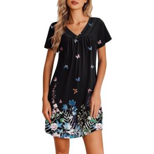 image:imageEkouaer Nightgowns for Women V Neck Sleepshirt Short Sleeve Nightdress Lace Trim Night Gown House Dress with PocketsBlack Flowers