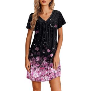 image:imageEkouaer Nightgowns for Women V Neck Sleepshirt Short Sleeve Nightdress Lace Trim Night Gown House Dress with PocketsBlack Sakura