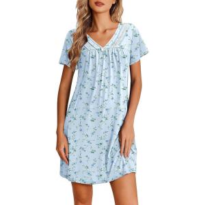 image:imageEkouaer Nightgowns for Women V Neck Sleepshirt Short Sleeve Nightdress Lace Trim Night Gown House Dress with PocketsBlue Floral