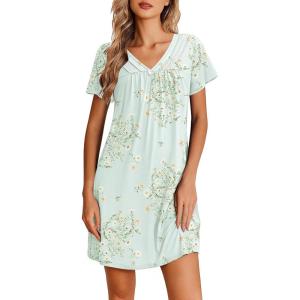 image:imageEkouaer Nightgowns for Women V Neck Sleepshirt Short Sleeve Nightdress Lace Trim Night Gown House Dress with PocketsGreen Daisy