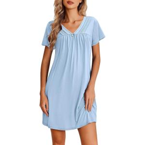 image:imageEkouaer Nightgowns for Women V Neck Sleepshirt Short Sleeve Nightdress Lace Trim Night Gown House Dress with PocketsLight Blue